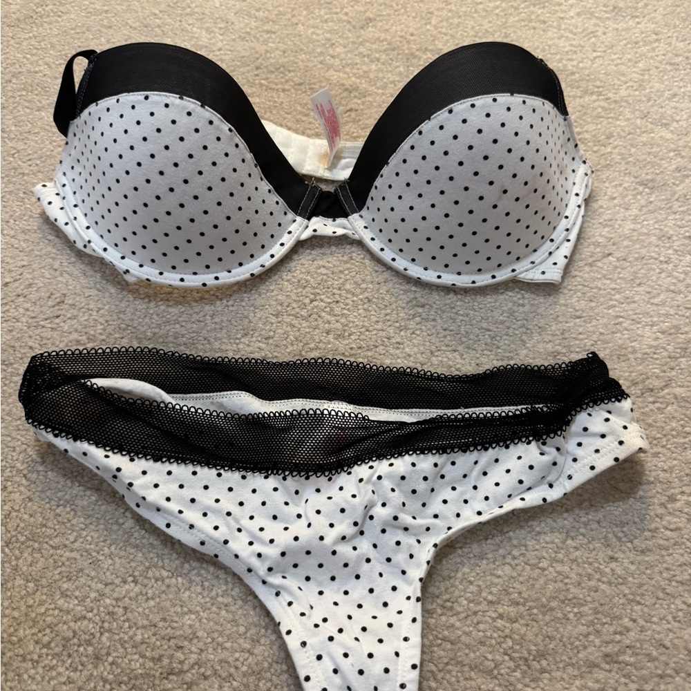 Candie's White and Black Polka Dot Bikini Set with Mesh Trim